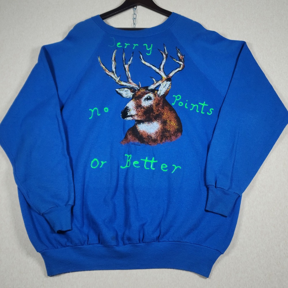 Vintage 80s Deer Graphic Neon Puff Print Blue Sweatshirt Big Man 3X Made in USA